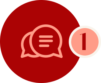 Red chat notification icon with a white speech bubble and badge showing 1 unread message