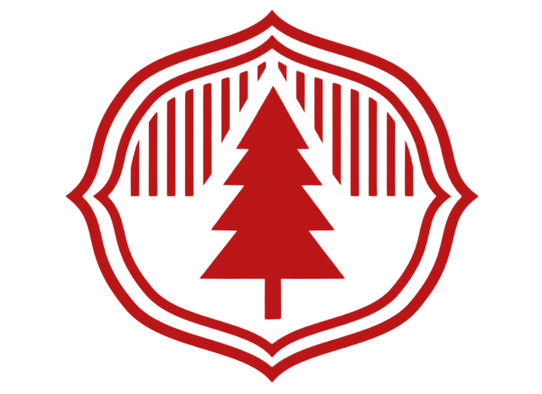 A red, stylized pine tree centered inside an ornate, scalloped white frame with red borders and vertical lines.