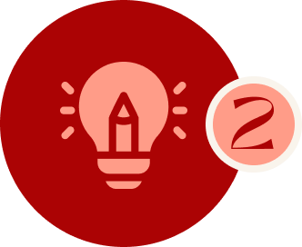 Red circular icon with a light bulb and pencil, plus a small pink badge showing the number 2.