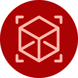 A light pink outline of a cube inside a square bracket frame, centered on a solid dark red circular background.