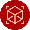 A light pink outline of a cube inside a square bracket frame, centered on a solid dark red circular background.