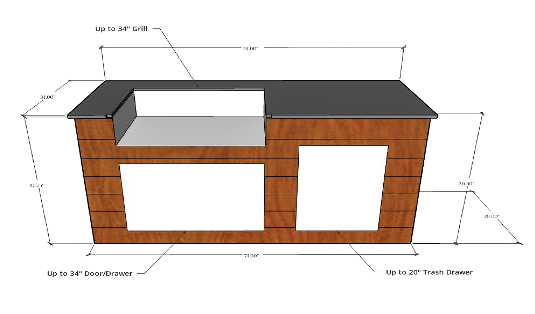 A stainless steel gas grill with a hood, five control knobs, two storage drawers, and a side cabinet door.