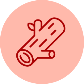 A dark red icon of two stylized leaves centered inside a light peach circle.