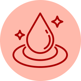 A dark red icon of two stylized leaves centered inside a light peach circle.