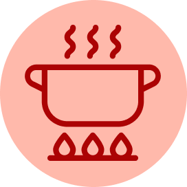 A dark red icon of two stylized leaves centered inside a light peach circle.