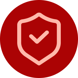 A dark red shield icon with a matching checkmark inside, set against a pale pink circular background.