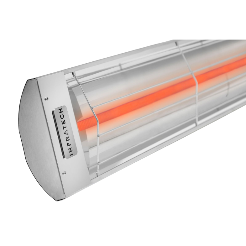 Wall-mounted silver infrared heater with glowing orange heating element