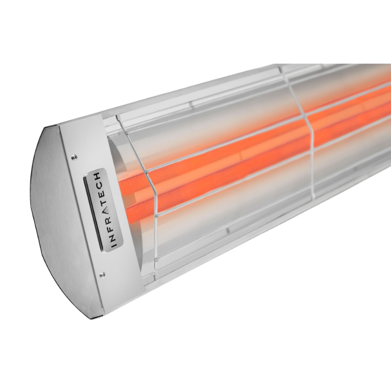 Wall-mounted infrared patio heater with glowing orange heating elements in a clear housing
