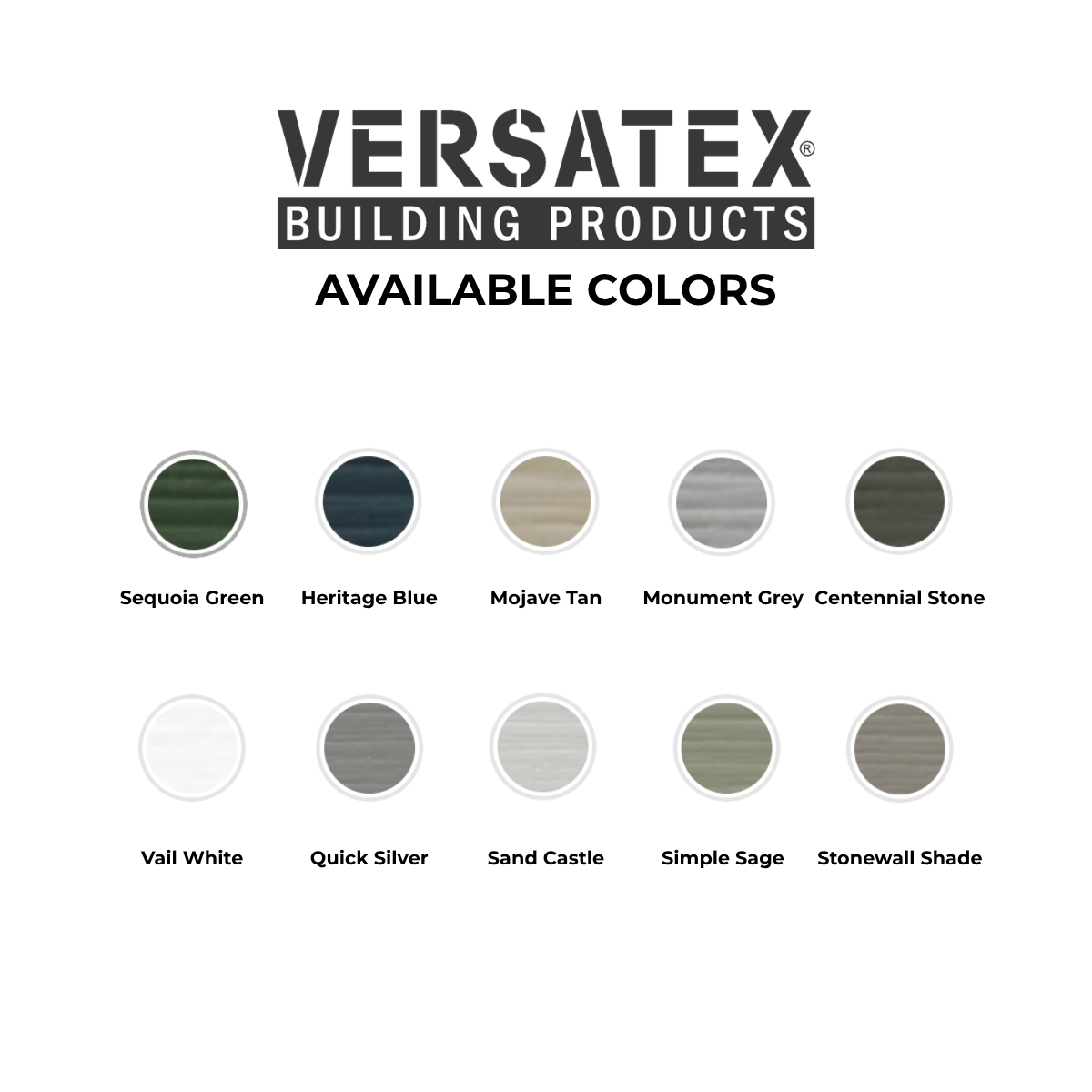 Versatex Building Products color chart with ten labeled siding color swatches