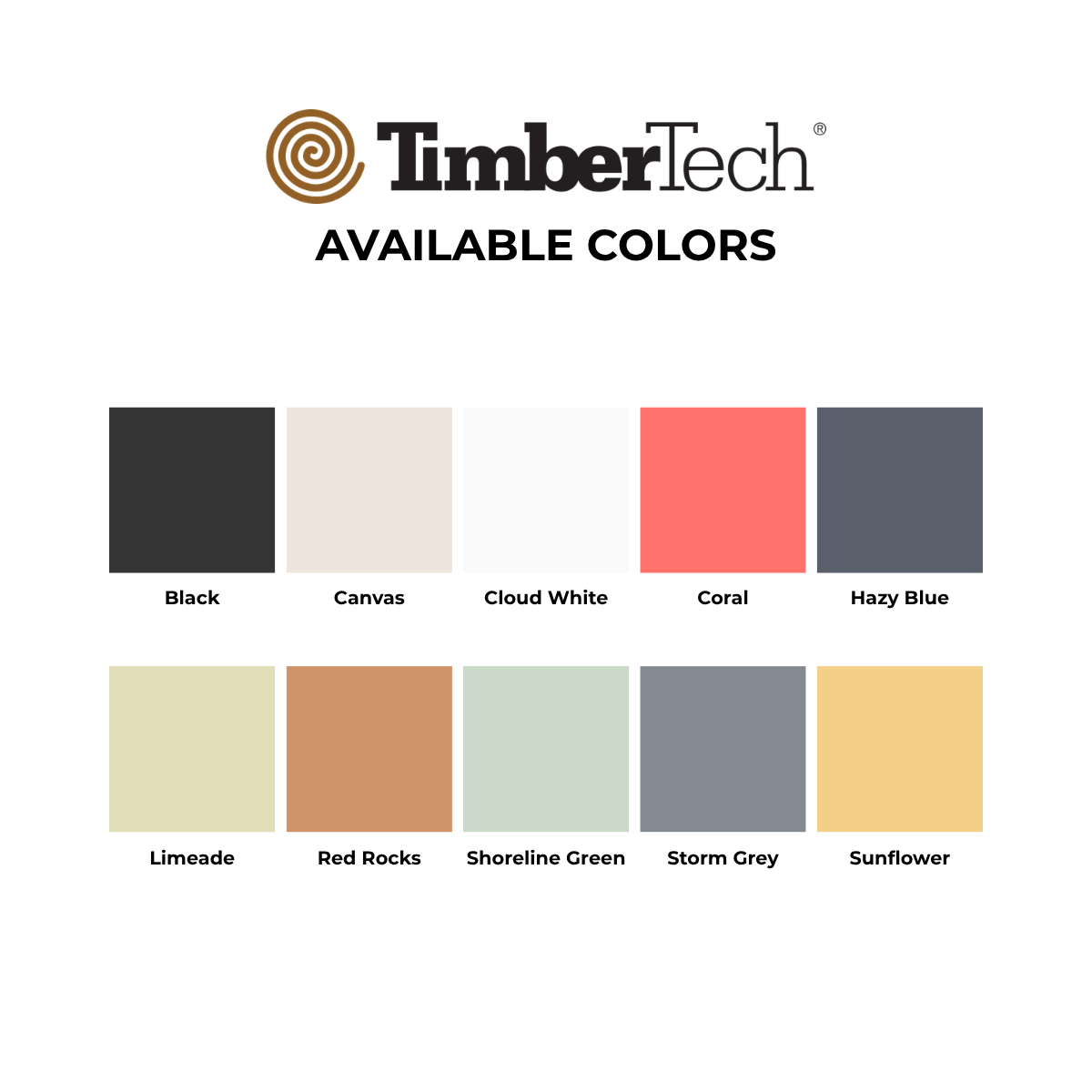 TimberTech available colors chart showing 10 labeled color swatches