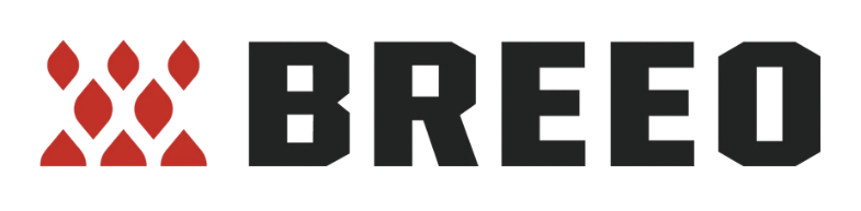The Breeo logo, consisting of a red geometric flame icon next to the brand name in bold, black, block lettering.