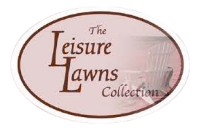 Logo for The Leisure Lawns Collection featuring a stylized text overlay on an oval background with a faded lawn chair.