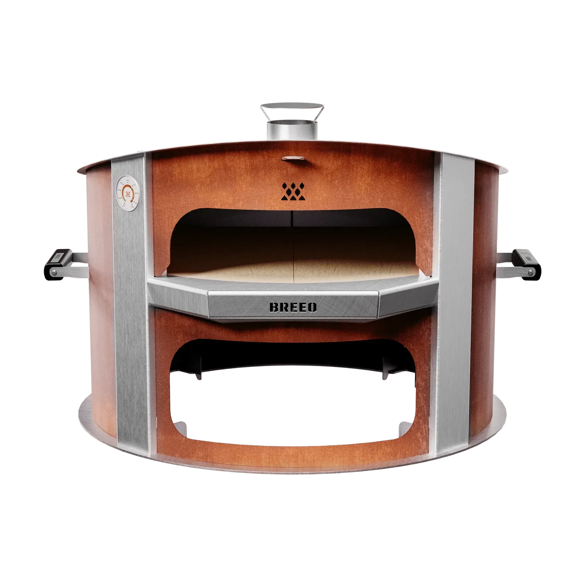 A square, tan-colored outdoor bar-height table with a slatted top and vertical-slat pedestal base.