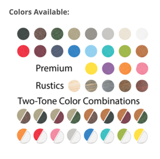 Color chart of premium, rustic, and two-tone finish options in multiple colors and patterns