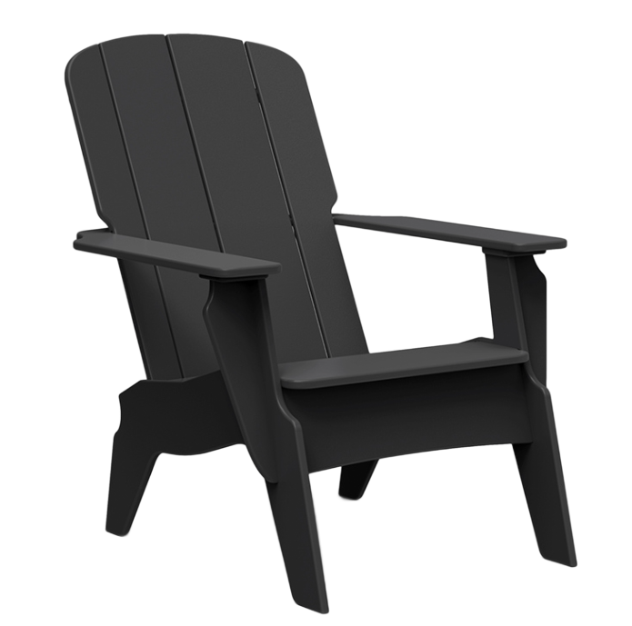 A tan outdoor Adirondack chair with a vertical-slatted backrest on a white background.