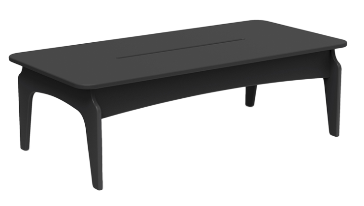 A minimalist black coffee table with arched legs and a subtle horizontal slit across the center of its rectangular top.