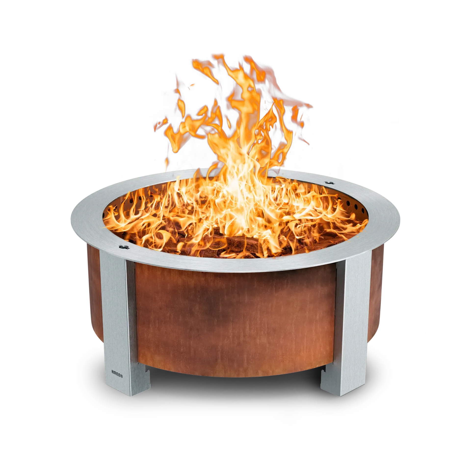 A tan outdoor Adirondack chair with a vertical-slatted backrest on a white background.
