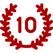 A red number 10 centered within a circular laurel wreath icon.