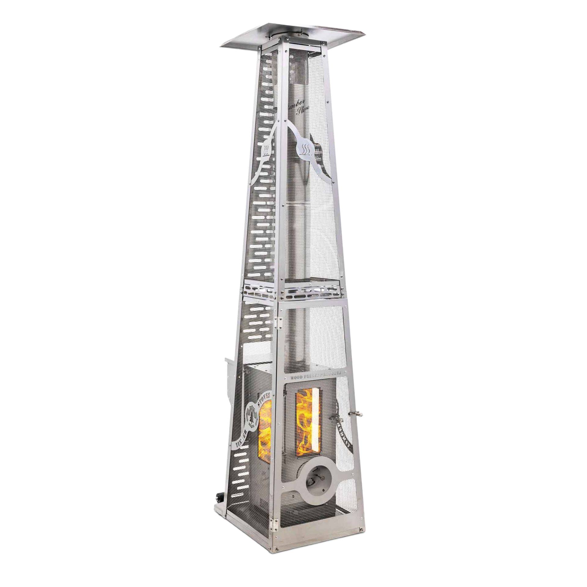 A stainless steel outdoor pyramid-style patio heater with a visible flame inside a mesh enclosure.