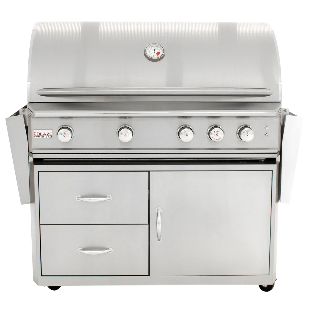A stainless steel gas grill with a hood, five control knobs, two storage drawers, and a side cabinet door.