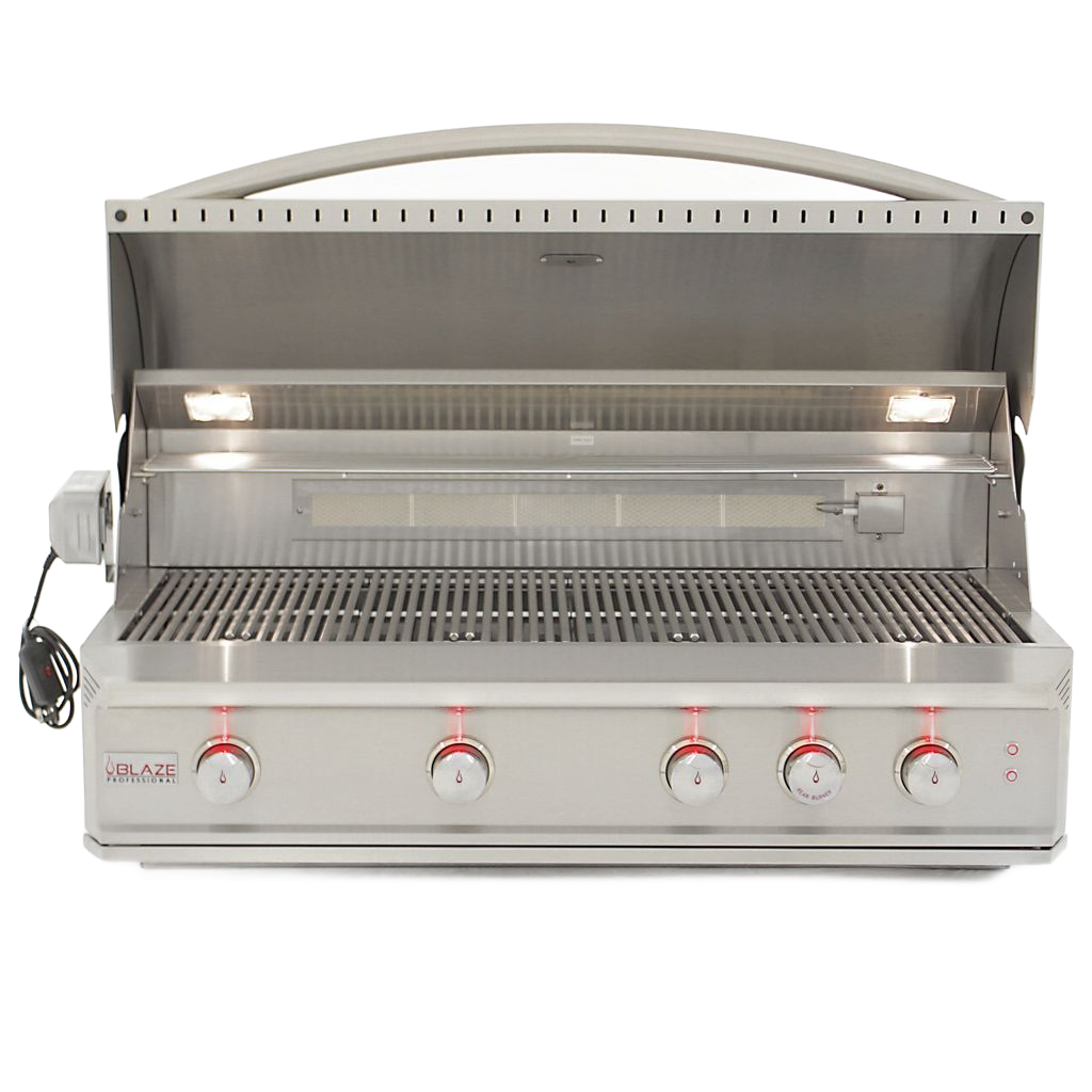 Stainless steel outdoor gas grill with hood open, side lights, and five front knobs