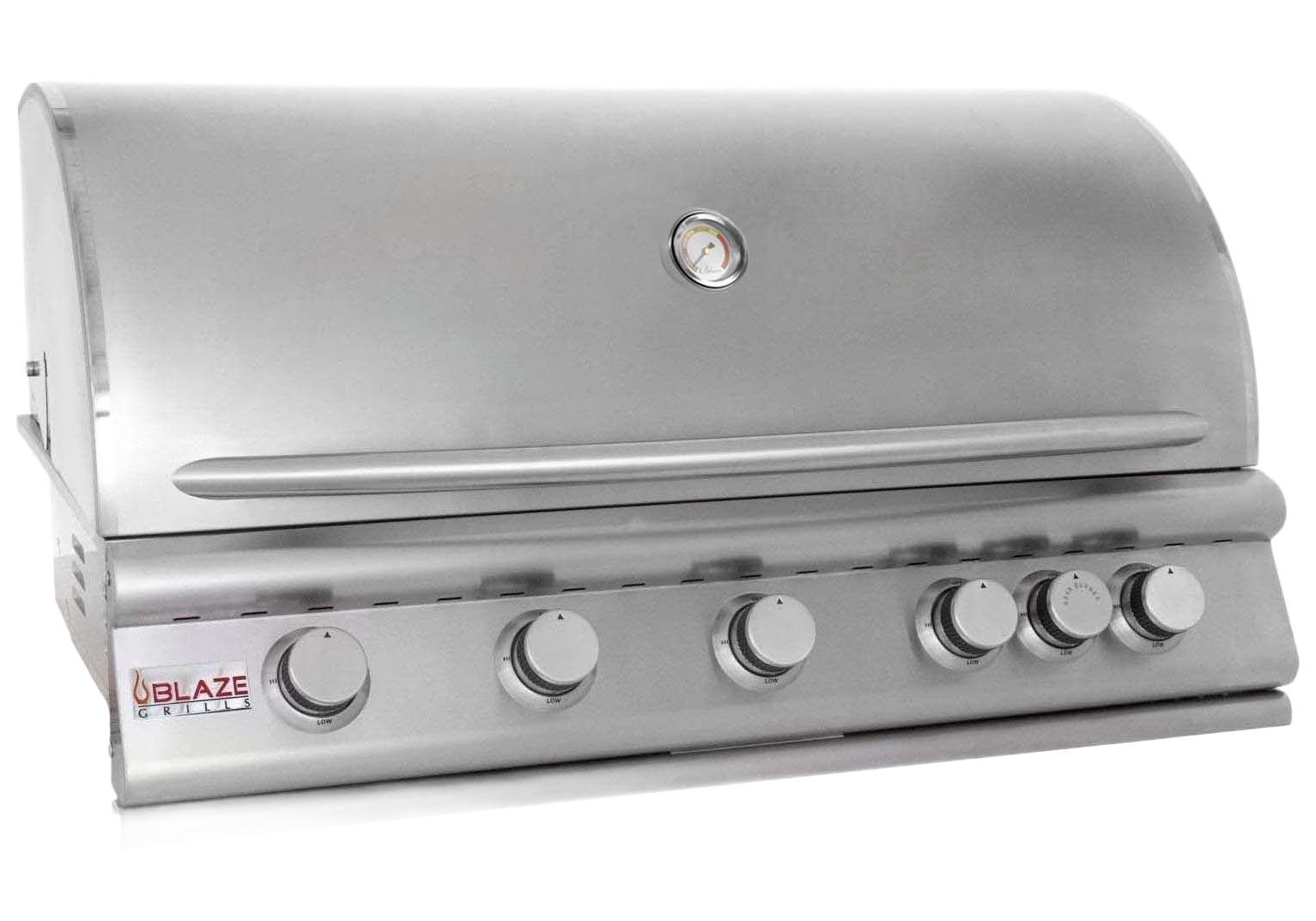 A stainless steel, five-burner built-in gas grill with a temperature gauge on the hood.