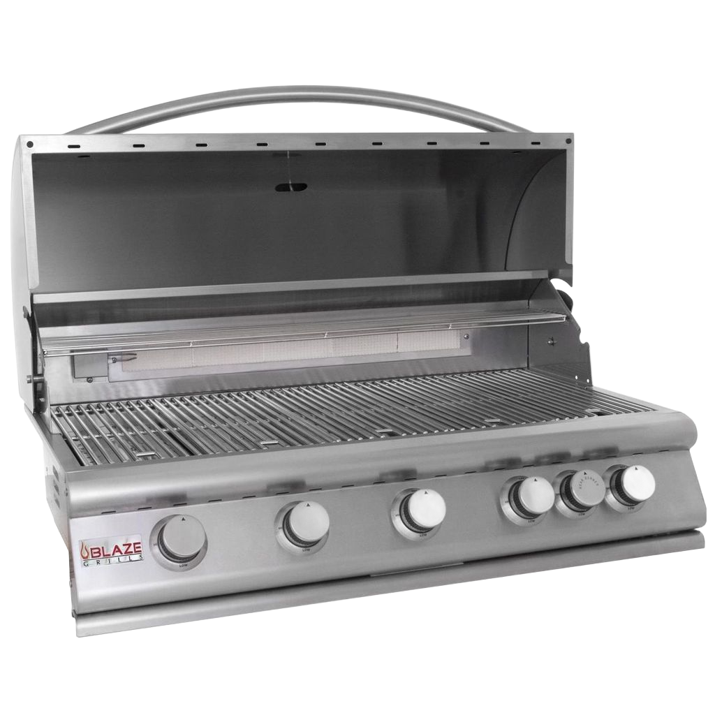 Stainless steel gas grill with lid open and four control knobs on the front