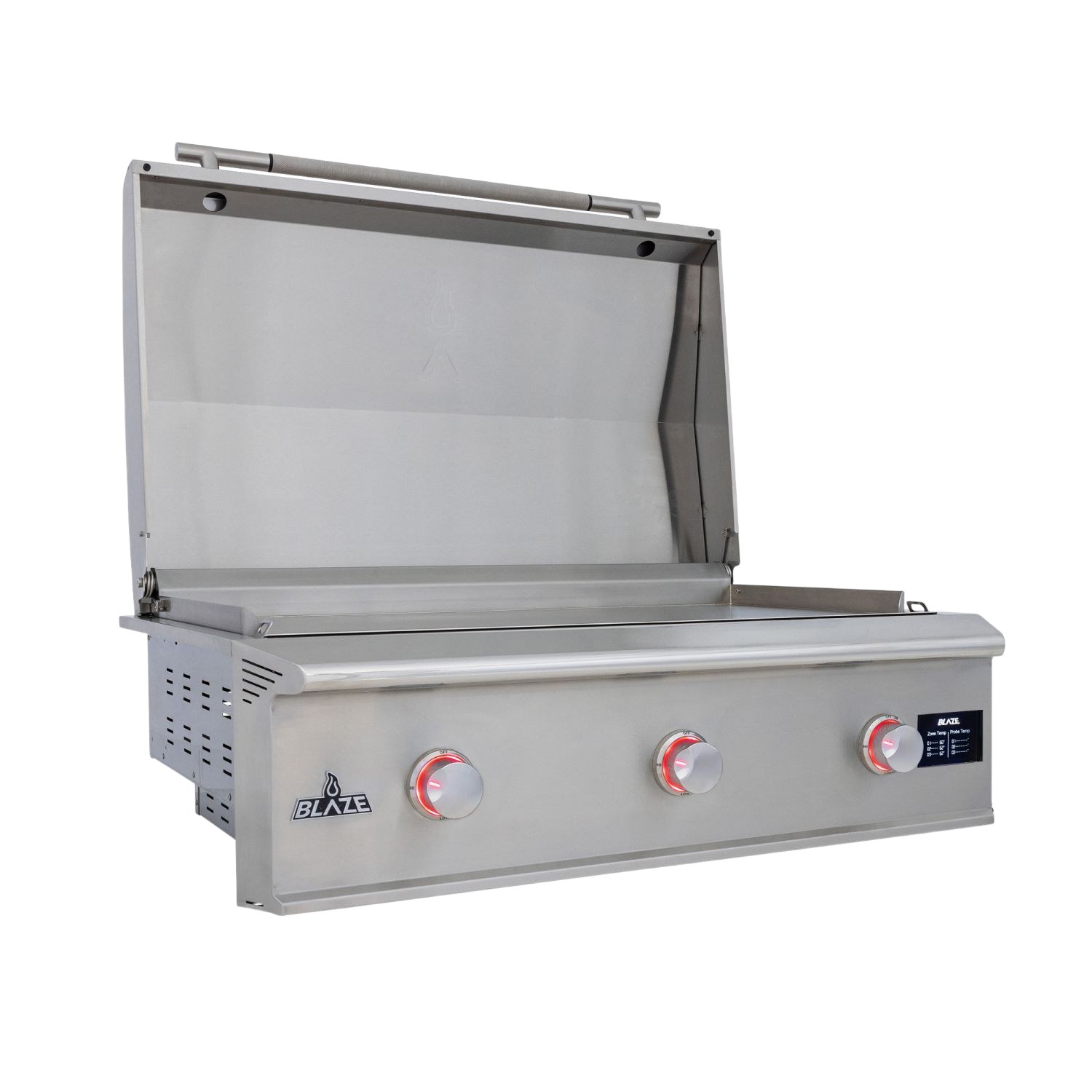 Open stainless steel griddle with lid, front control knobs, and side vents