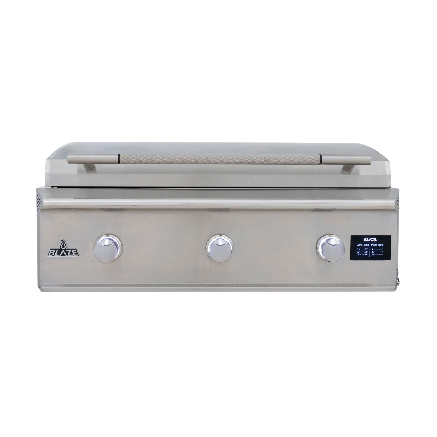 A stainless steel, drop-in outdoor gas grill with three control knobs and a digital temperature display.