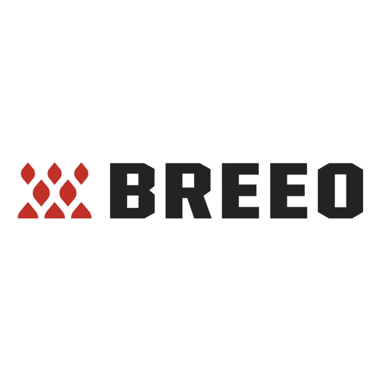 The Breeo logo features a stylized red fire pattern next to the company name