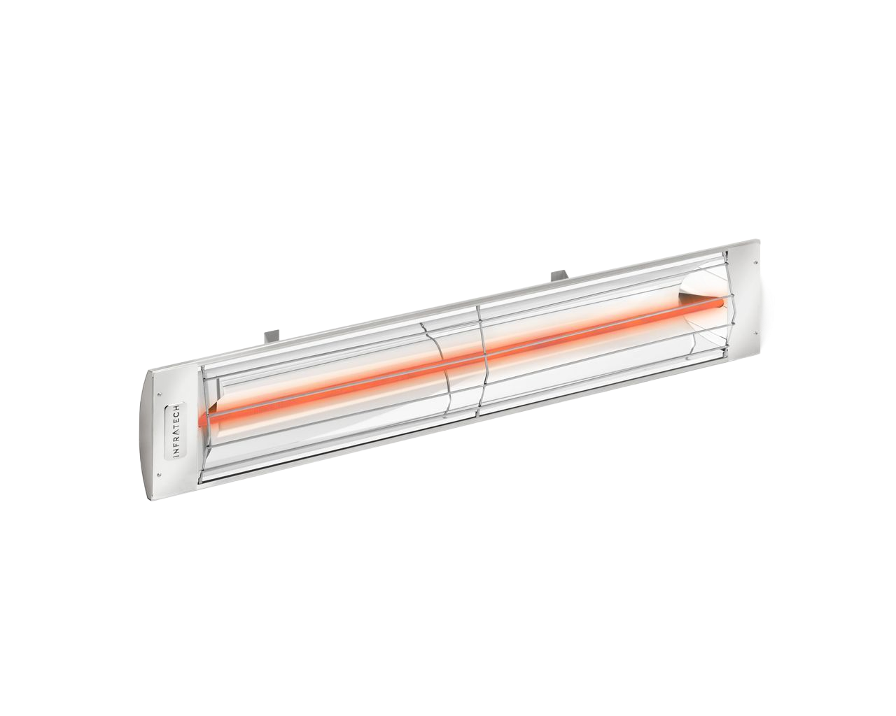 A white, wall-mounted electric infrared patio heater with a glowing orange heating element.