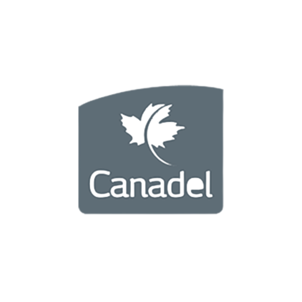 The Canadel logo featuring a stylized white maple leaf icon above the word