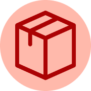 A dark red line-art icon of a shipping box on a light pink circular background.
