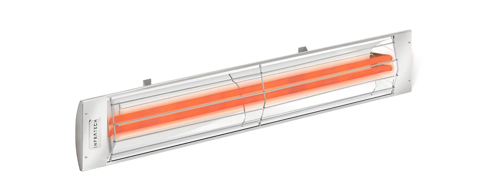 A long, rectangular electric radiant heater with a silver metallic casing and glowing orange heating elements.