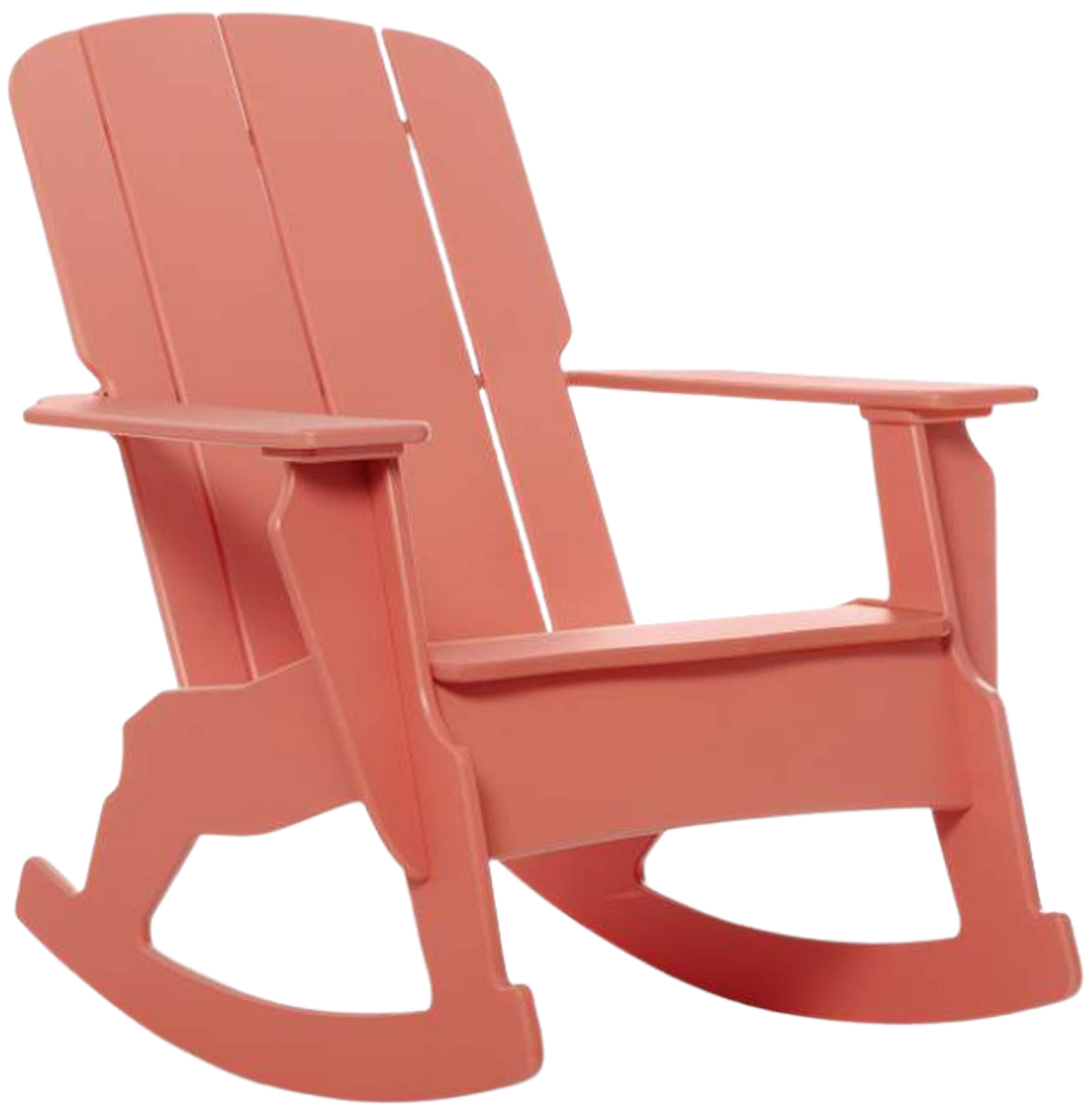 A coral-colored Adirondack-style rocking chair with a slatted back and wide armrests on a white background.