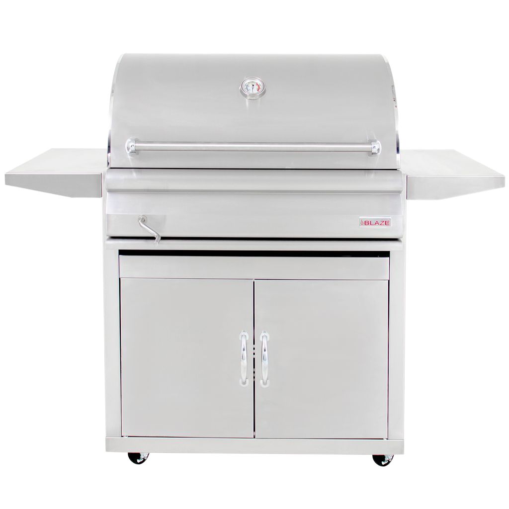 Stainless steel gas grill on a cart with two side shelves, dual cabinet doors, and a temperature gauge on the lid.