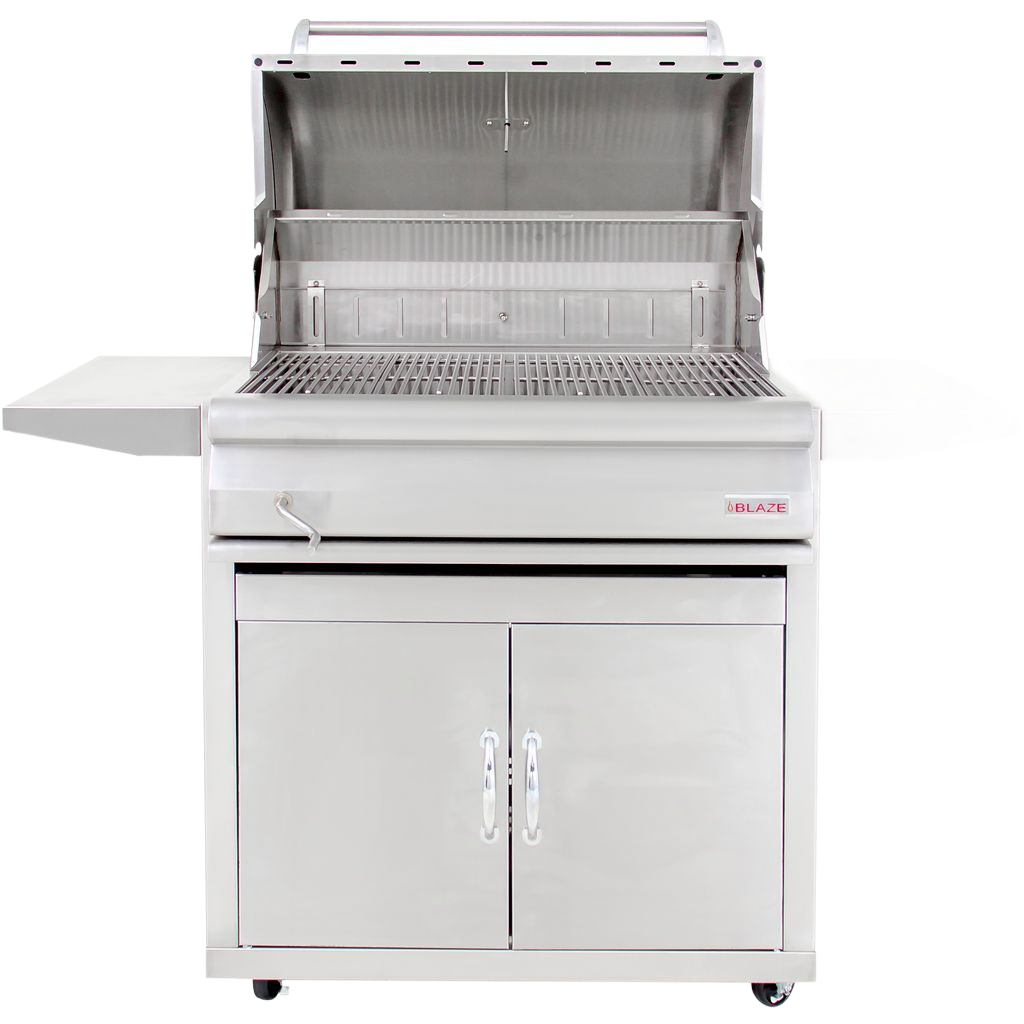 Stainless steel outdoor grill with open lid, side shelf, and storage cabinet underneath
