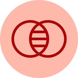 A dark red icon of two stylized leaves centered inside a light peach circle.