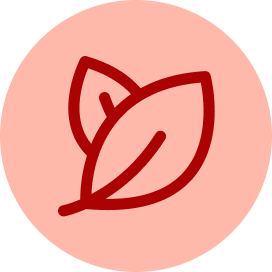 A dark red icon of two stylized leaves centered inside a light peach circle.