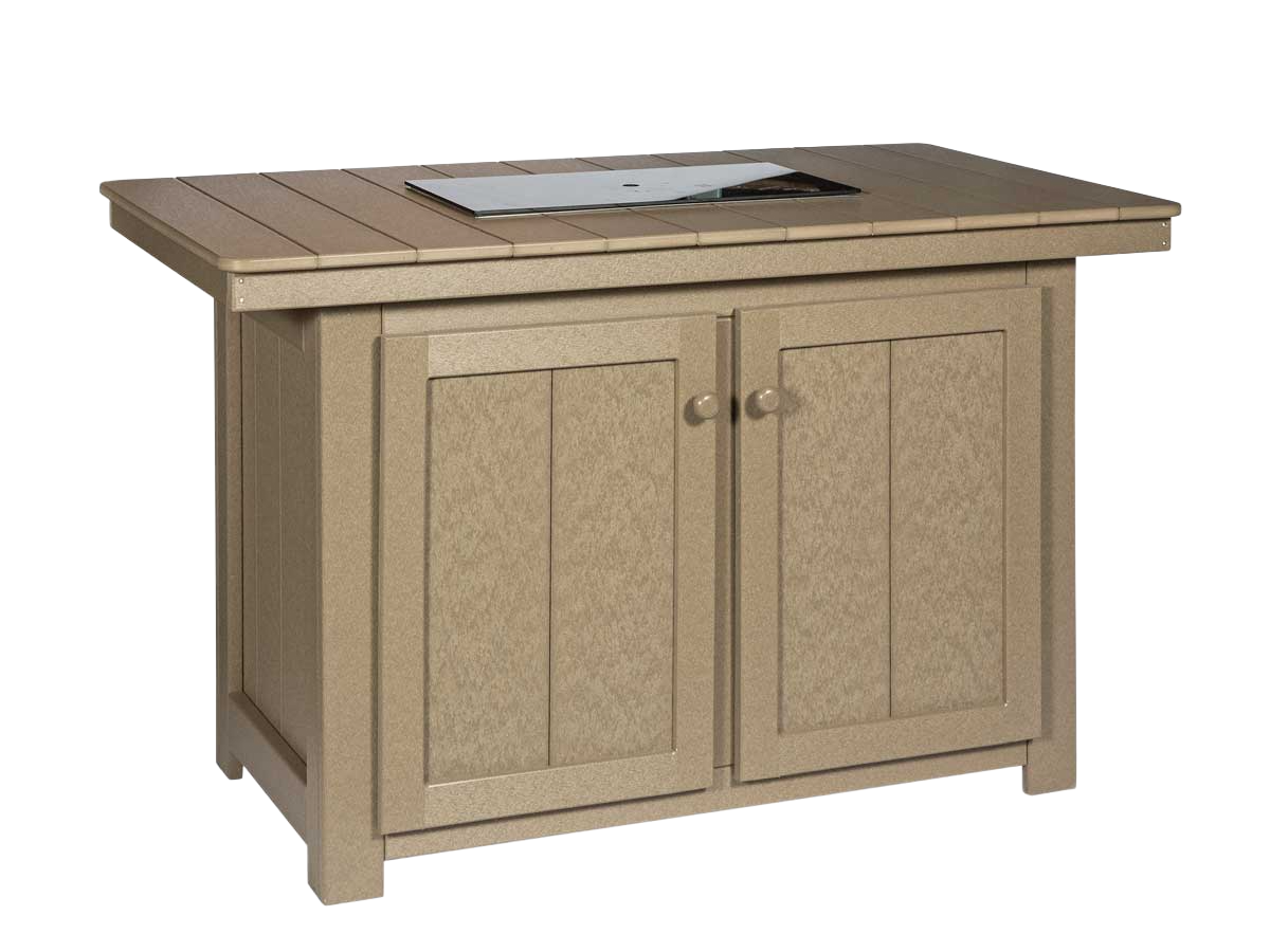 Beige outdoor cabinet with a slat-style countertop and a central stainless steel drop-in insert, on a white background.