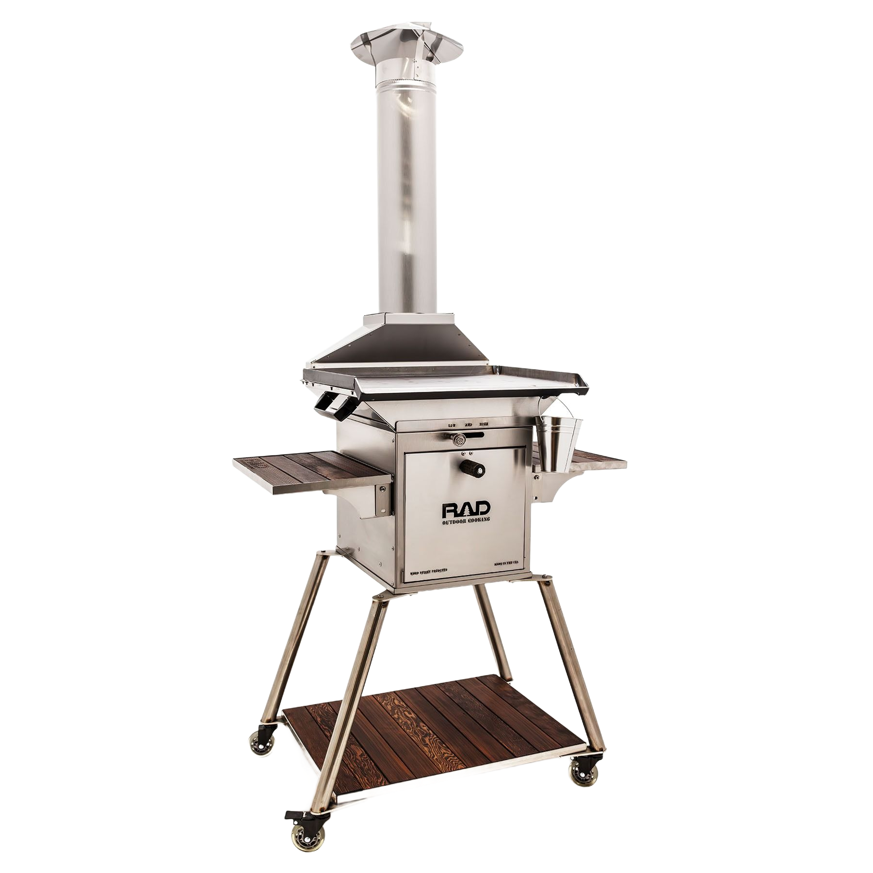 Stainless steel Rad Grills outdoor wood-fired grill on a wheeled stand with wood shelving and a chimney vent.