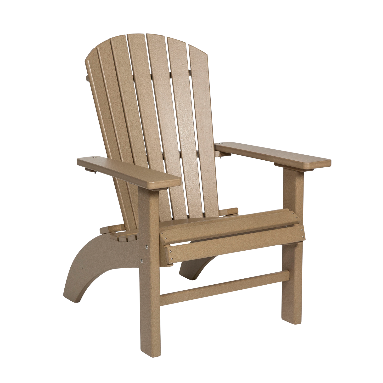 A tan outdoor Adirondack chair with a vertical-slatted backrest on a white background.