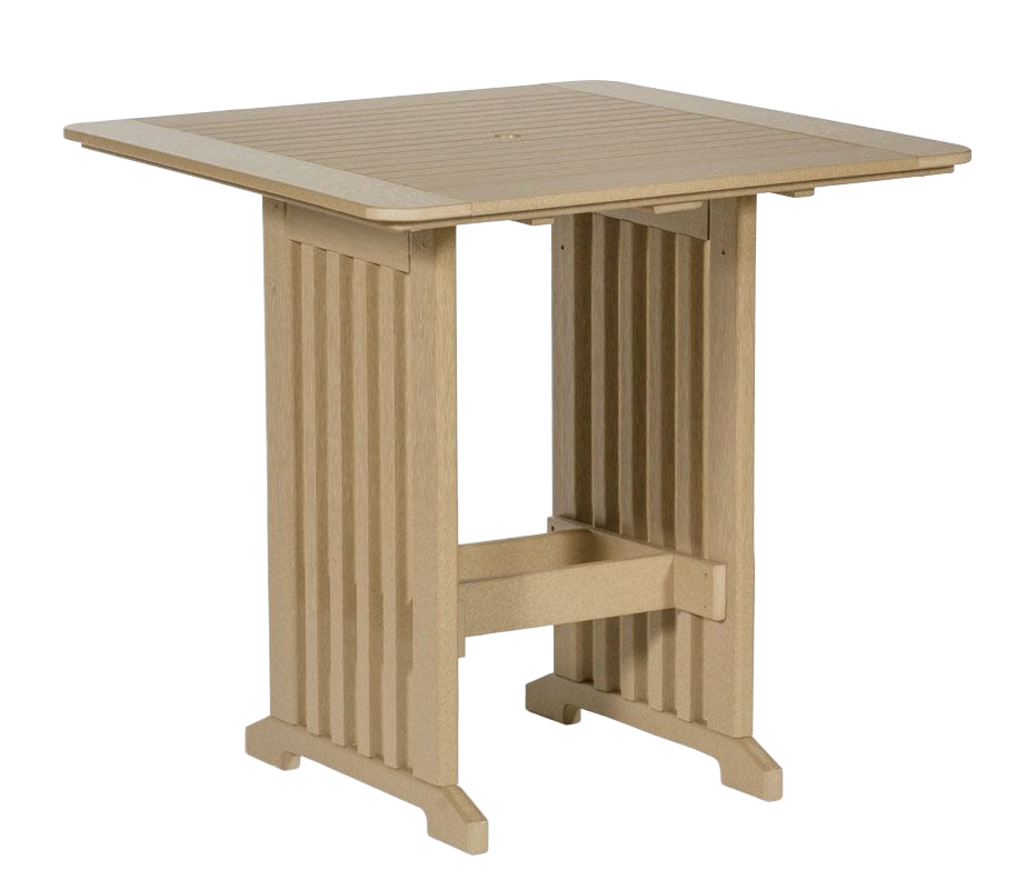A square, tan-colored outdoor bar-height table with a slatted top and vertical-slat pedestal base.
