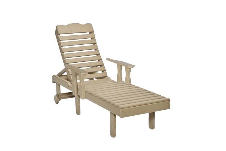 A light tan, slatted outdoor lounge chair with armrests and back support against a white background.