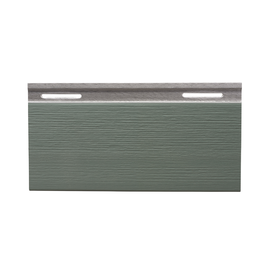A piece of sage-green horizontal vinyl siding with a woodgrain texture and a pre-drilled nail flange.