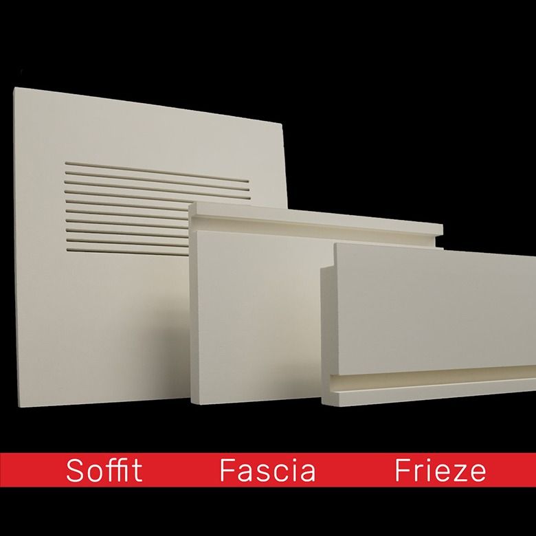 Three beige construction panels labeled Soffit, Fascia, and Frieze, displayed against a black background.