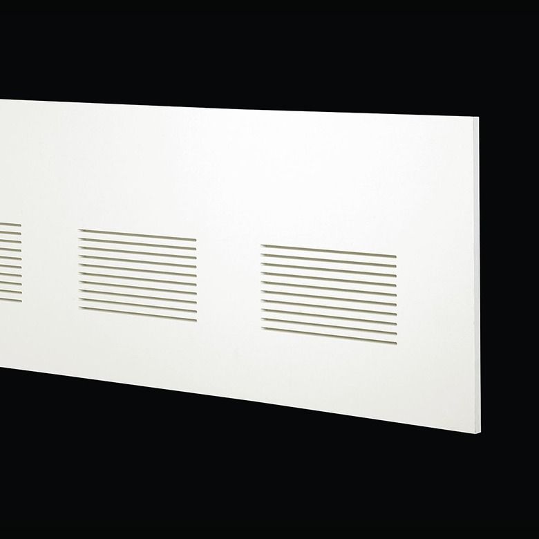 White slanted wall panel with three rectangular ventilation grilles on a black background