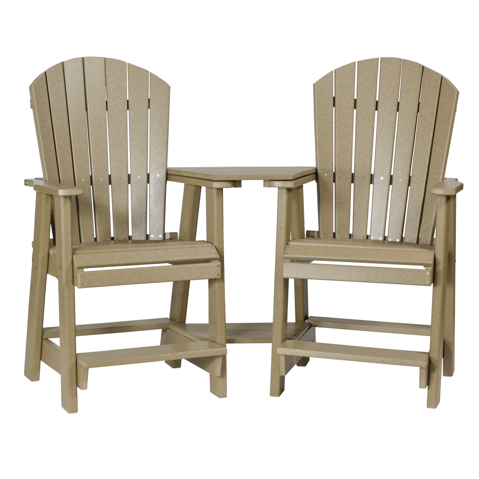 A tan-colored, two-seat outdoor patio set with tall, slatted chair backs and a connecting center table.