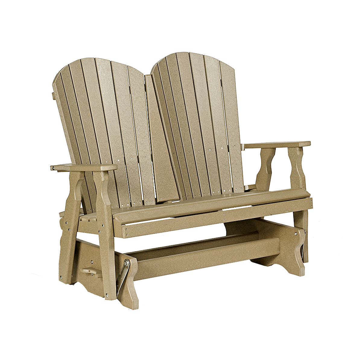 A tan, two-seater outdoor glider chair with a slatted backrest, shown on a white background.