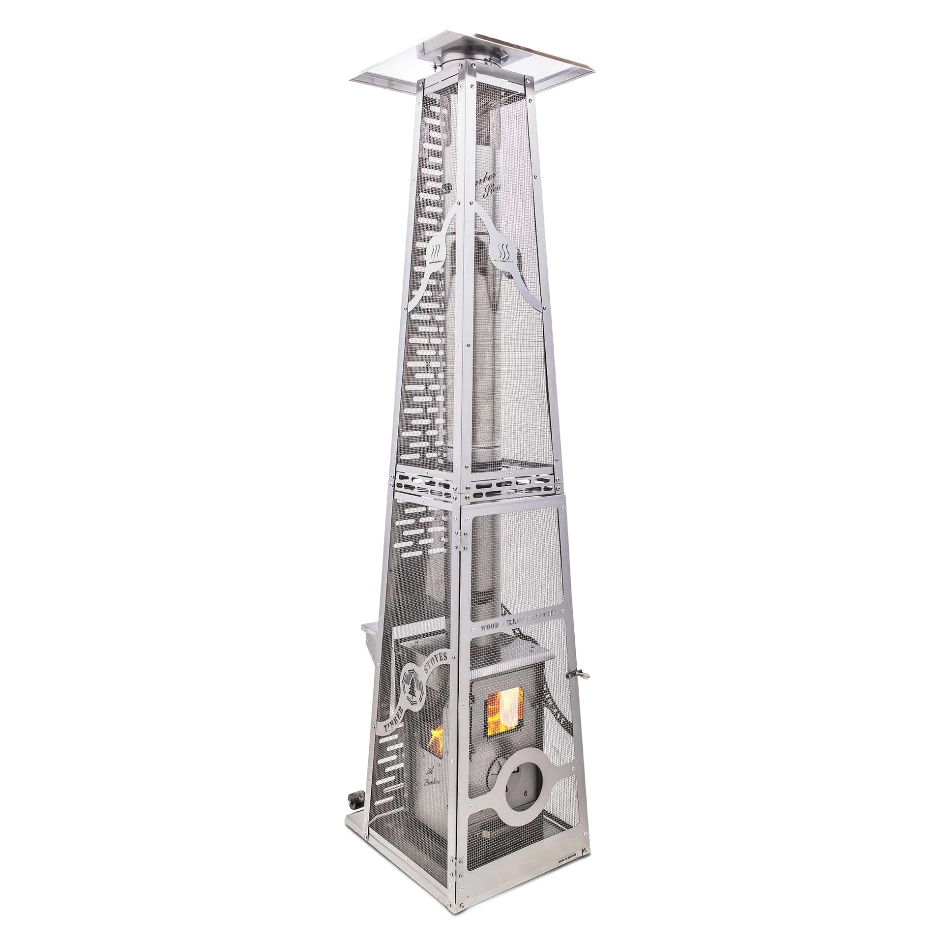 A tall, silver, pyramid-shaped outdoor patio heater with a mesh safety cage and a glowing flame in its base.